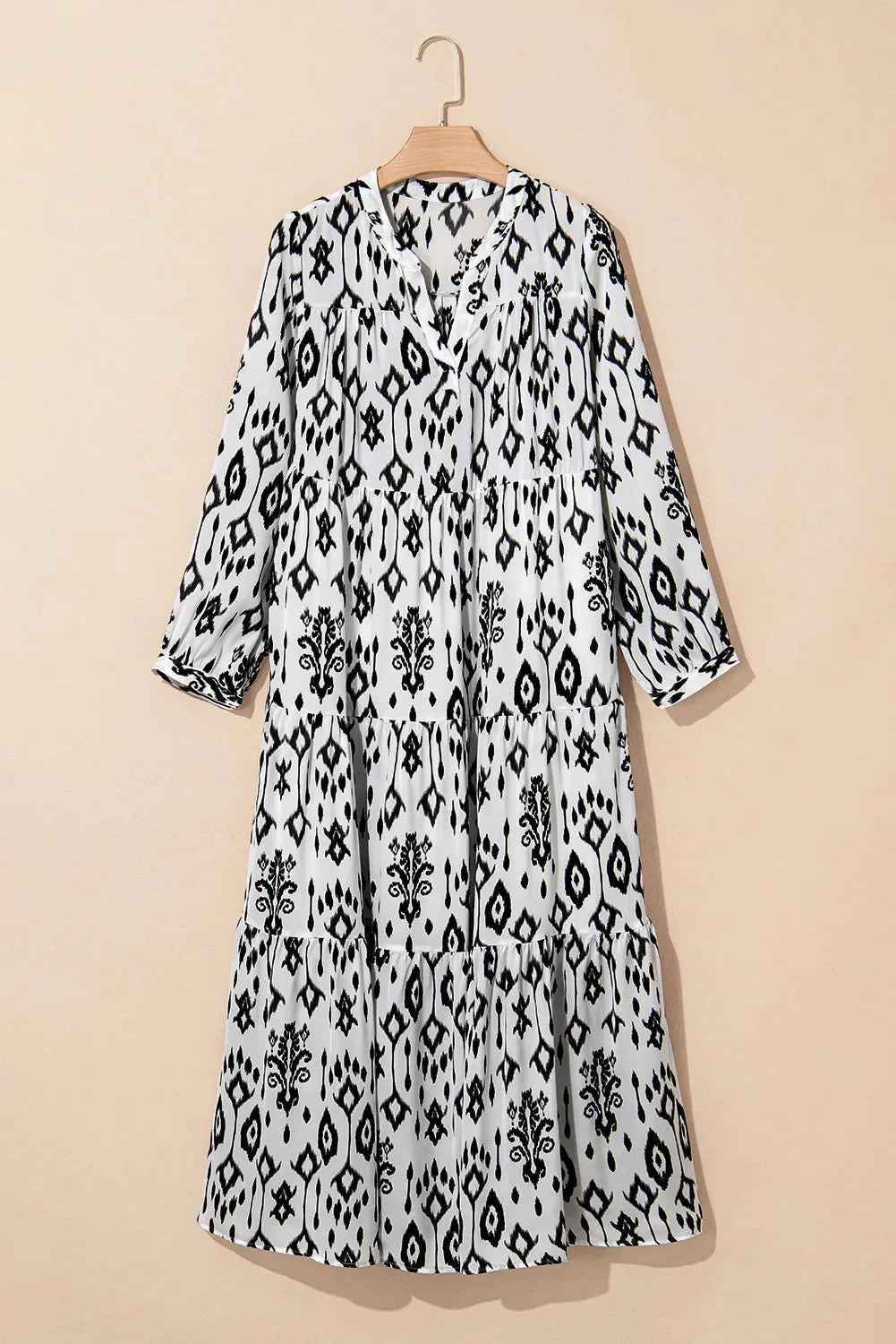 🌼 Tiered Printed Notched Long Sleeve Midi Dress 🌼