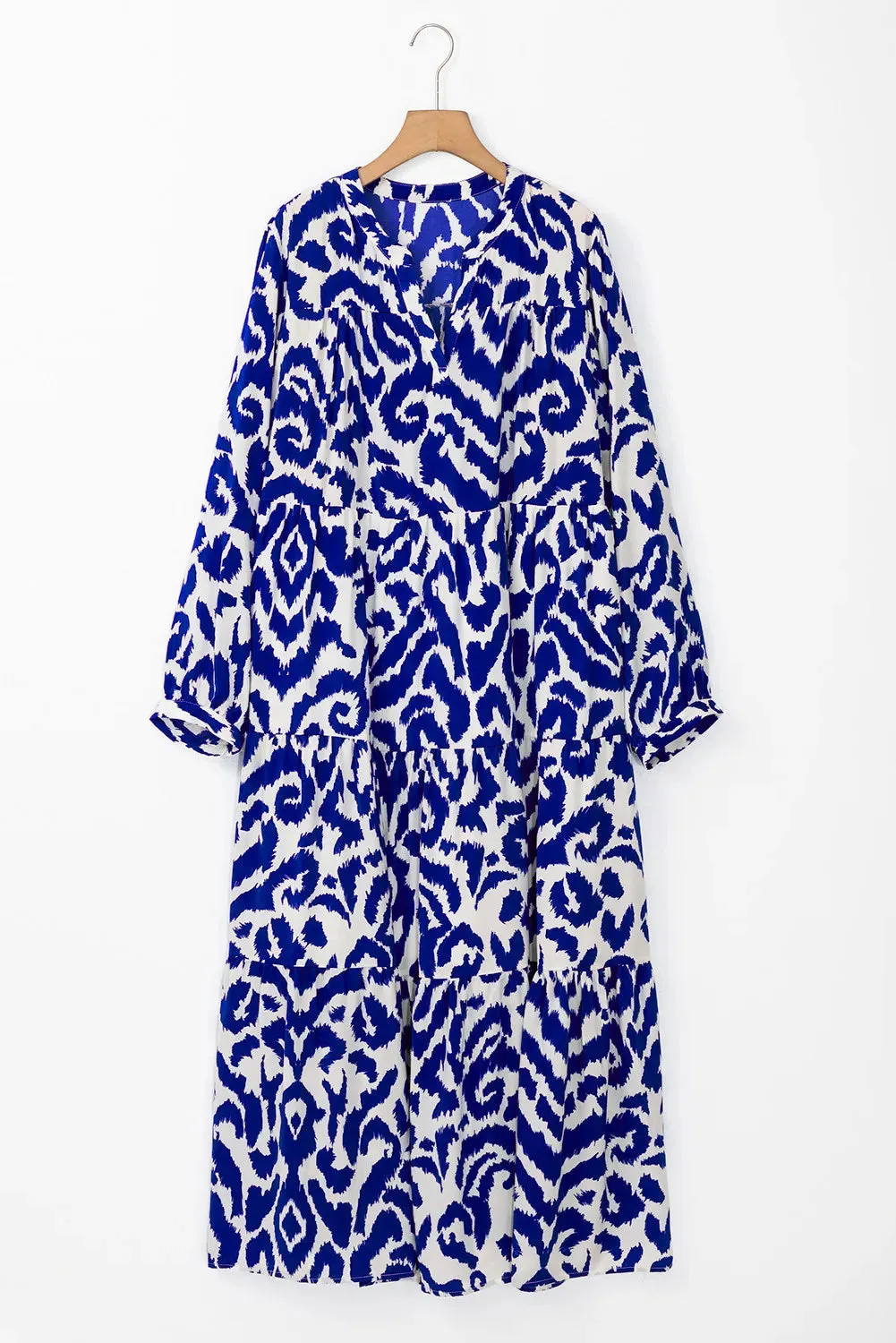 🌼 Tiered Printed Notched Long Sleeve Midi Dress 🌼
