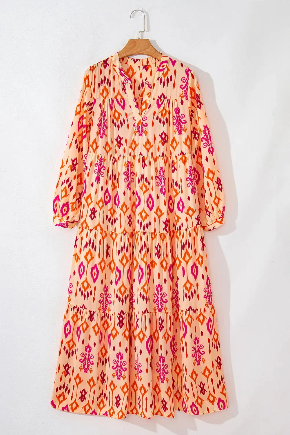 🌼 Tiered Printed Notched Long Sleeve Midi Dress 🌼