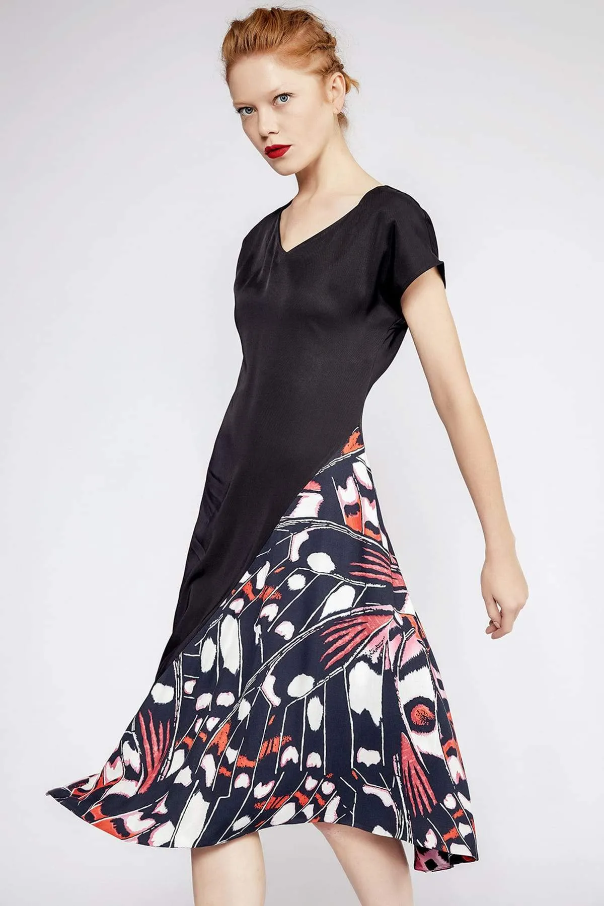 12978 Black Patterned Satin Look Dress