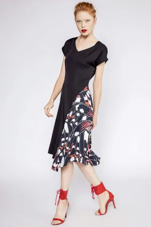 12978 Black Patterned Satin Look Dress