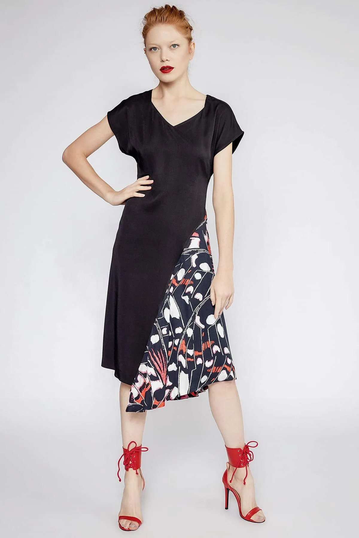 12978 Black Patterned Satin Look Dress