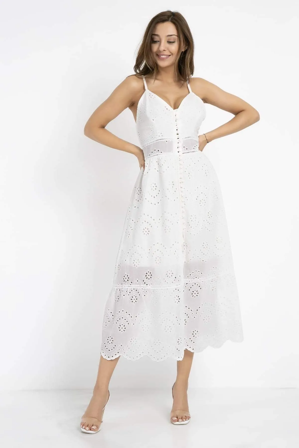13117 Ecru Embroidered Lace Strap Dress