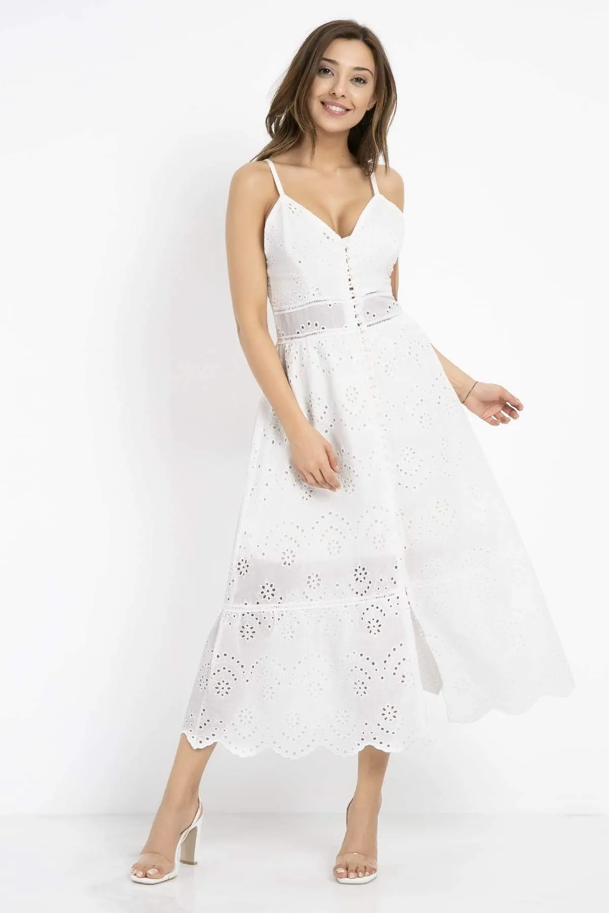 13117 Ecru Embroidered Lace Strap Dress