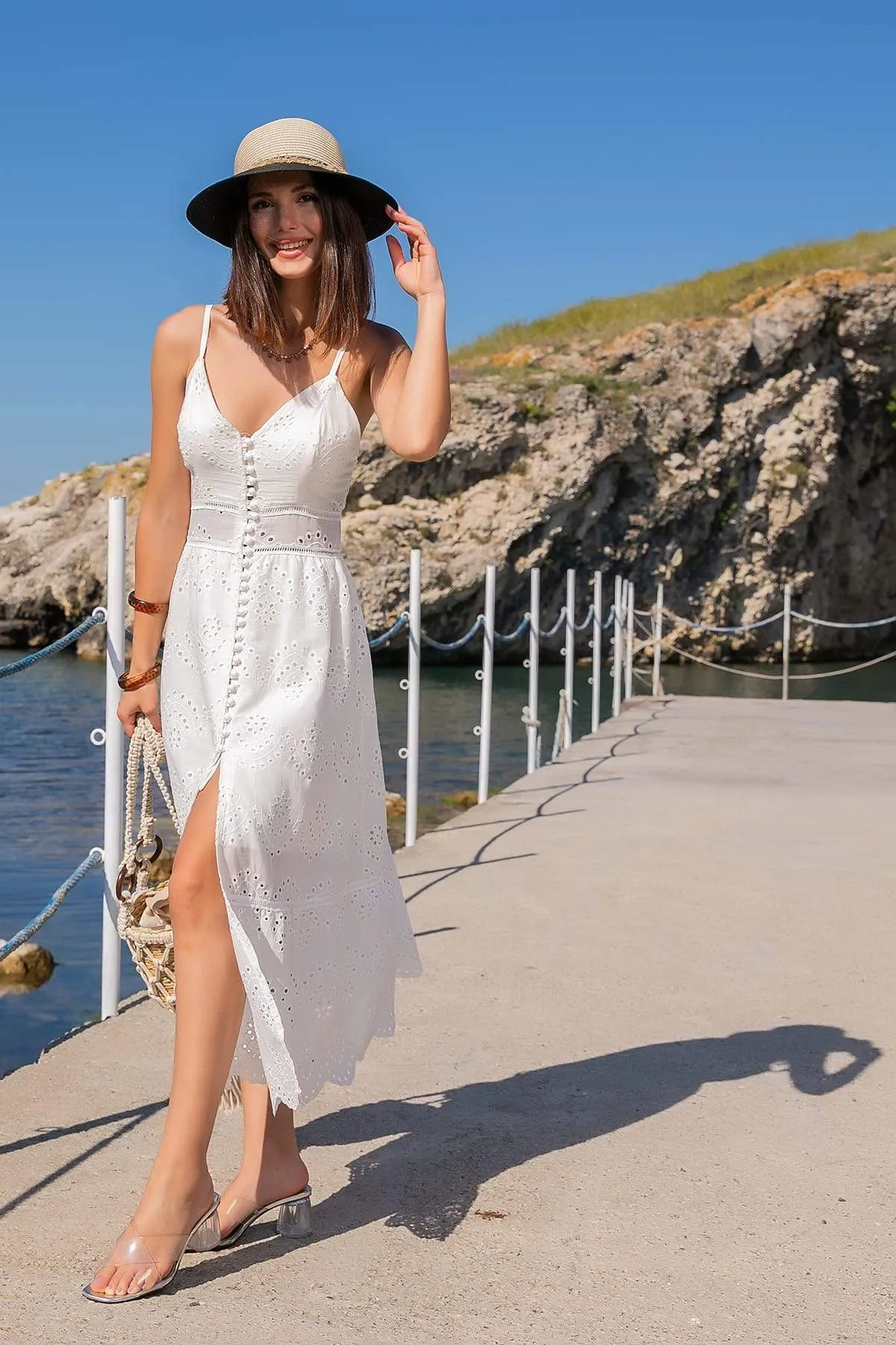 13117 Ecru Embroidered Lace Strap Dress