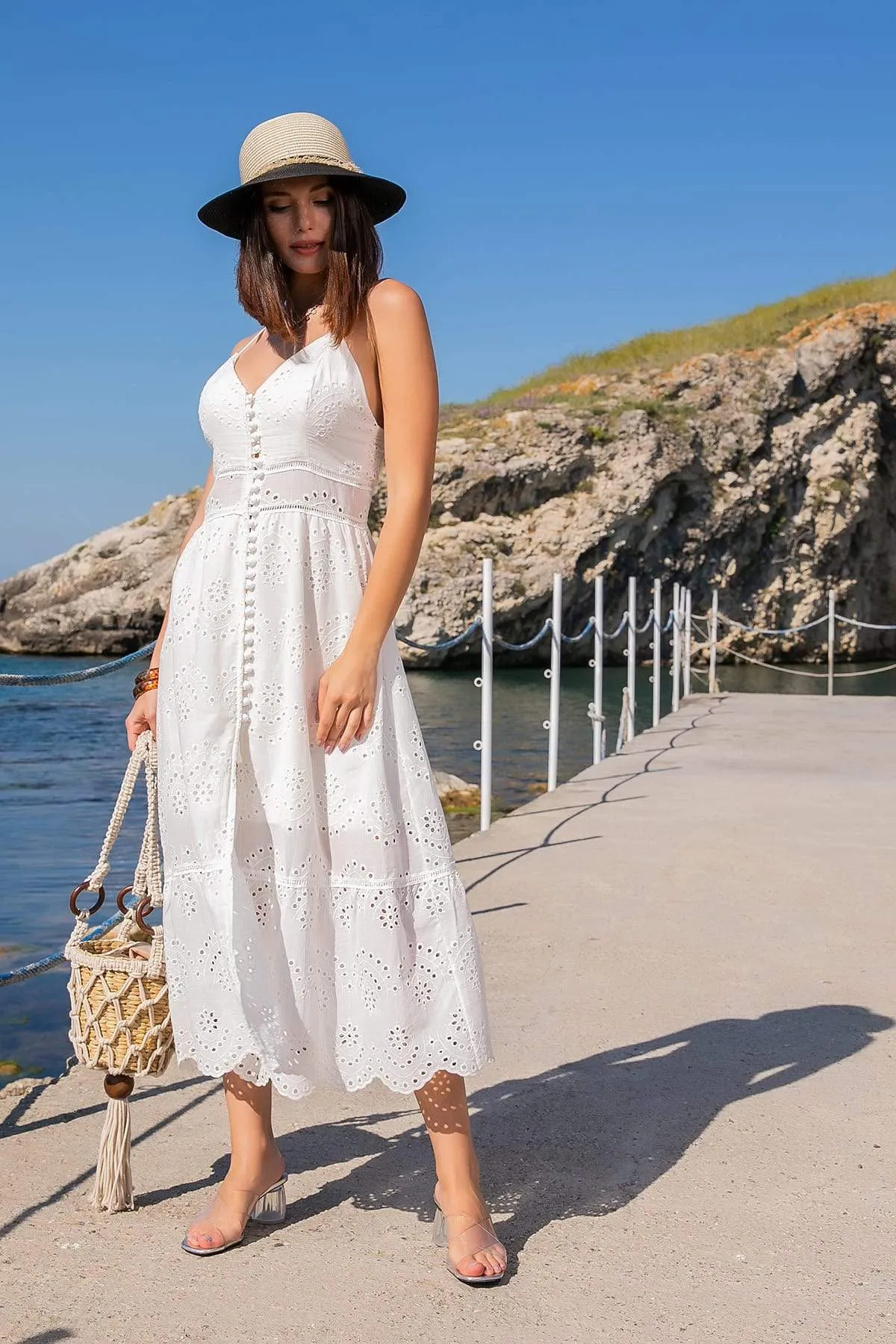 13117 Ecru Embroidered Lace Strap Dress