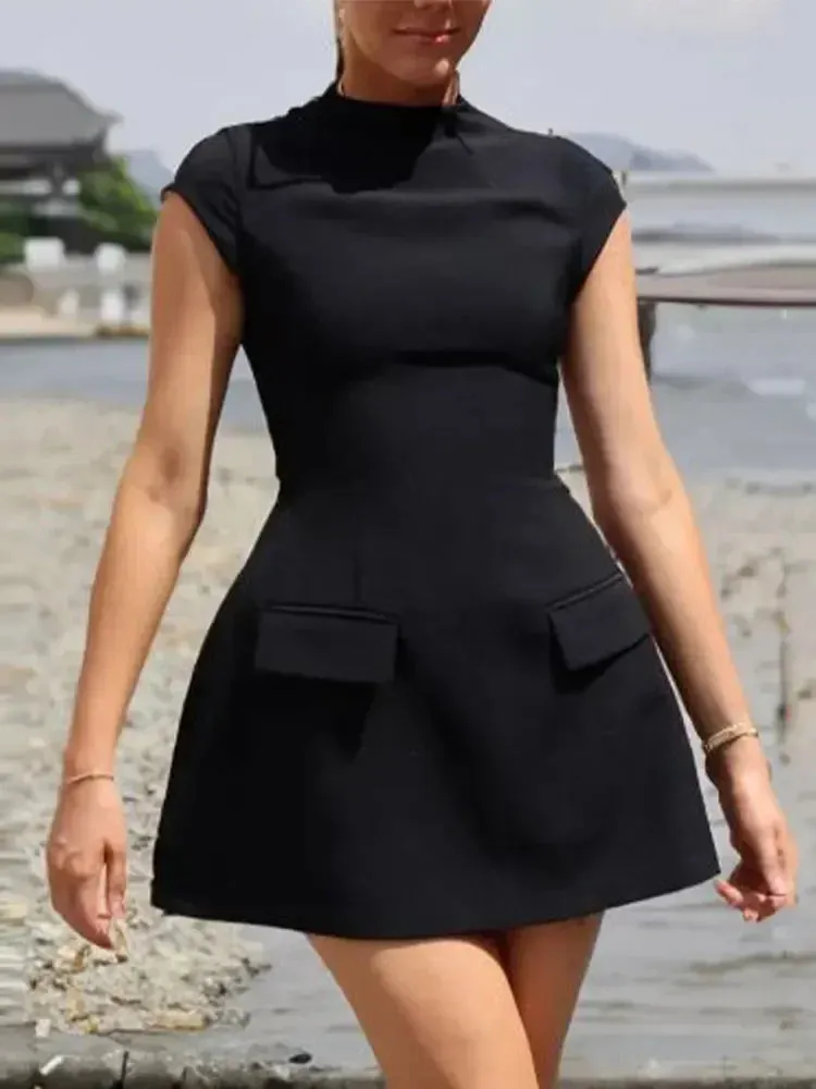 2024 New Elegant Slim Solid Pockets Fashion O-neck Short Sleeve A-Line Dress