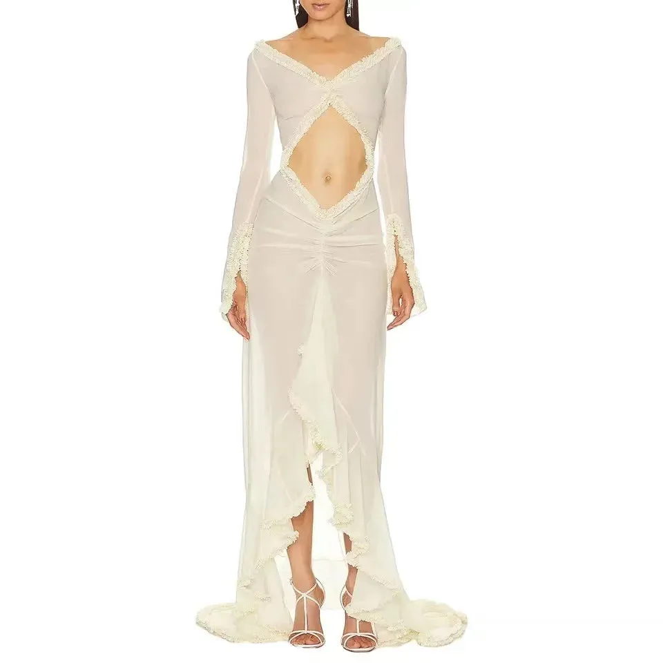 2024 Sexy Babydoll Lingerie Long Sleeve V Neck Mesh Nightwear Frill Trim Sheer Nighty Dress