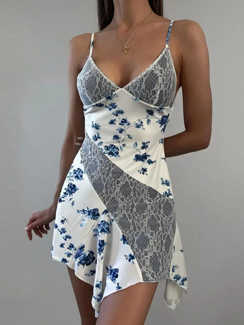 2024 Streetwear Women Sleeveless Backless Asymmetrical Lace Dress