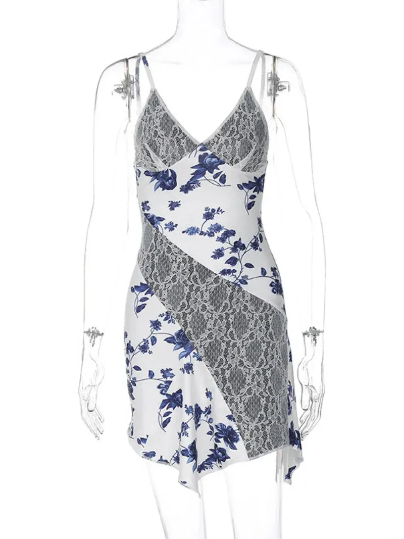 2024 Streetwear Women Sleeveless Backless Asymmetrical Lace Dress