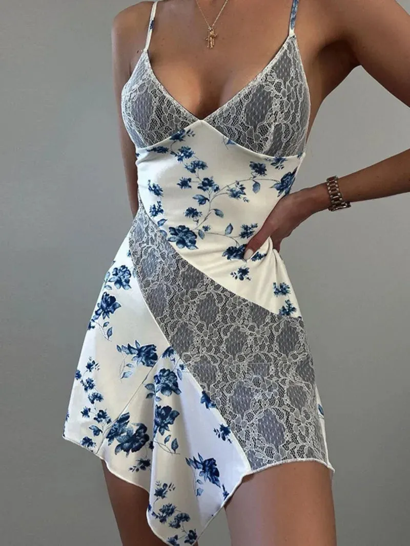 2024 Streetwear Women Sleeveless Backless Asymmetrical Lace Dress