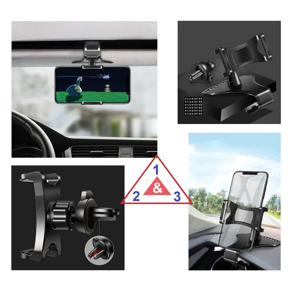 3 in 1 Car GPS Smartphone Holder: Dashboard / Visor Clamp   AC Grid Clip for Oppo F1s Global (2016) - Black