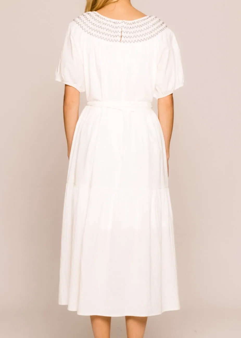 Acacia, Smocked Round Neckline, Midi Dress, White