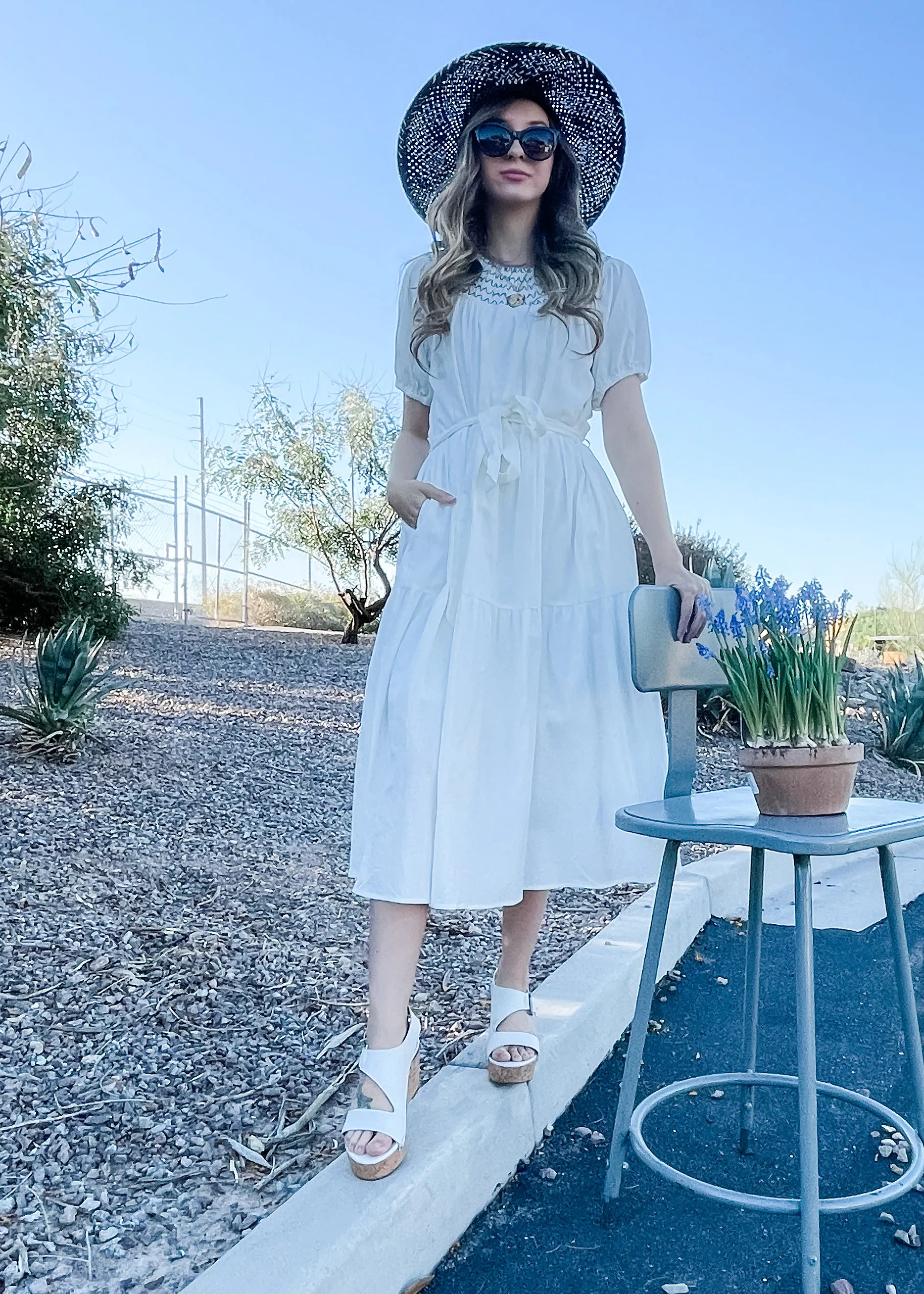 Acacia, Smocked Round Neckline, Midi Dress, White