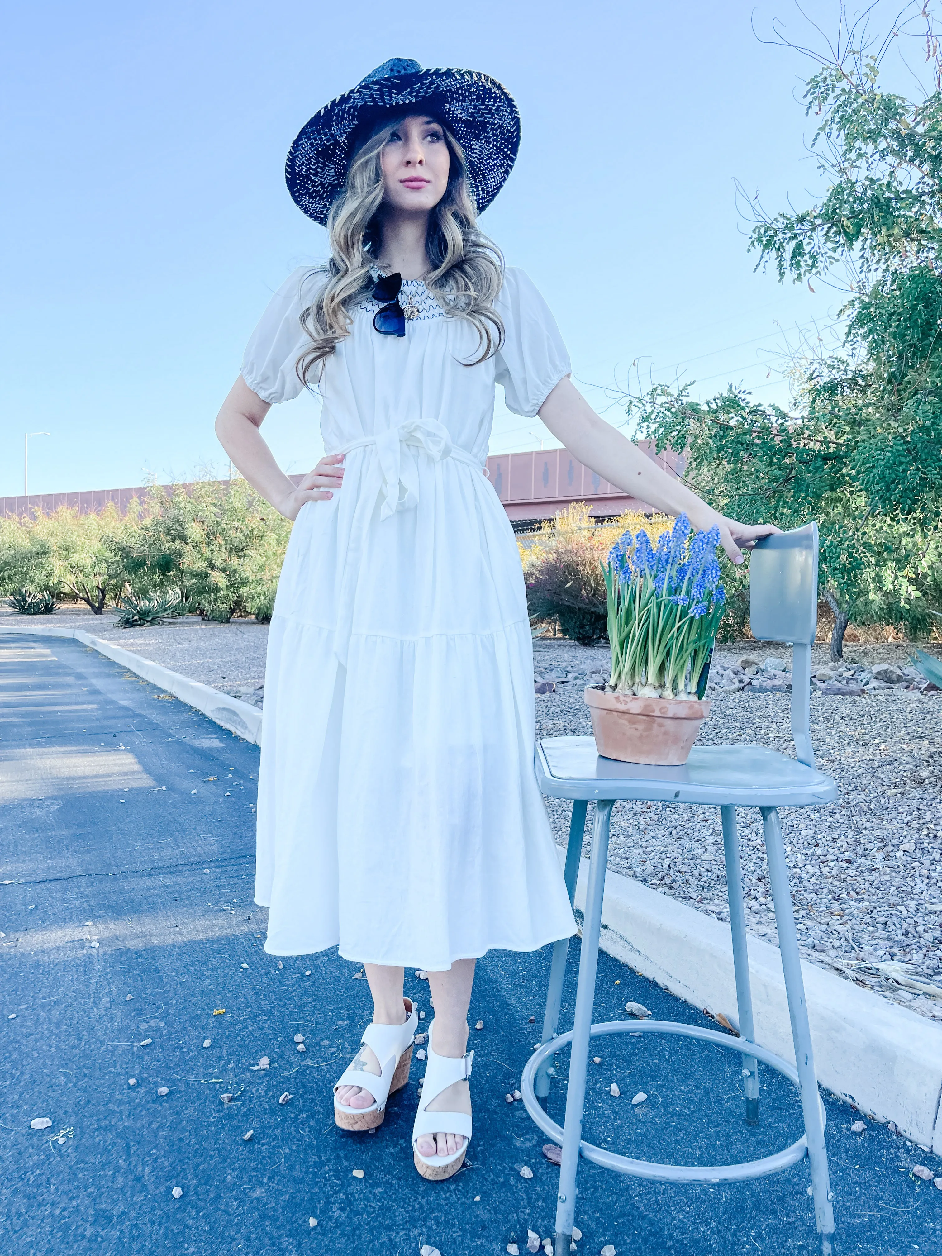 Acacia, Smocked Round Neckline, Midi Dress, White