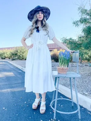 Acacia, Smocked Round Neckline, Midi Dress, White