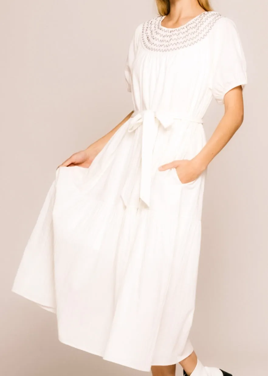Acacia, Smocked Round Neckline, Midi Dress, White