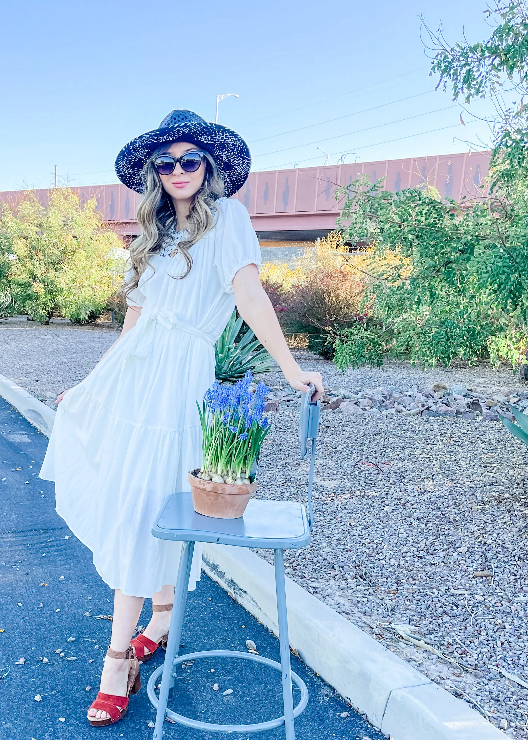 Acacia, Smocked Round Neckline, Midi Dress, White