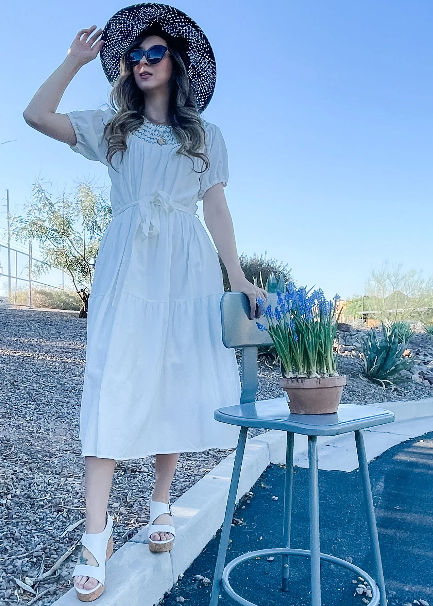 Acacia, Smocked Round Neckline, Midi Dress, White