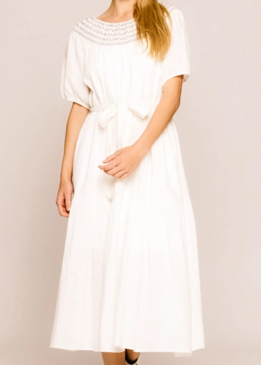 Acacia, Smocked Round Neckline, Midi Dress, White