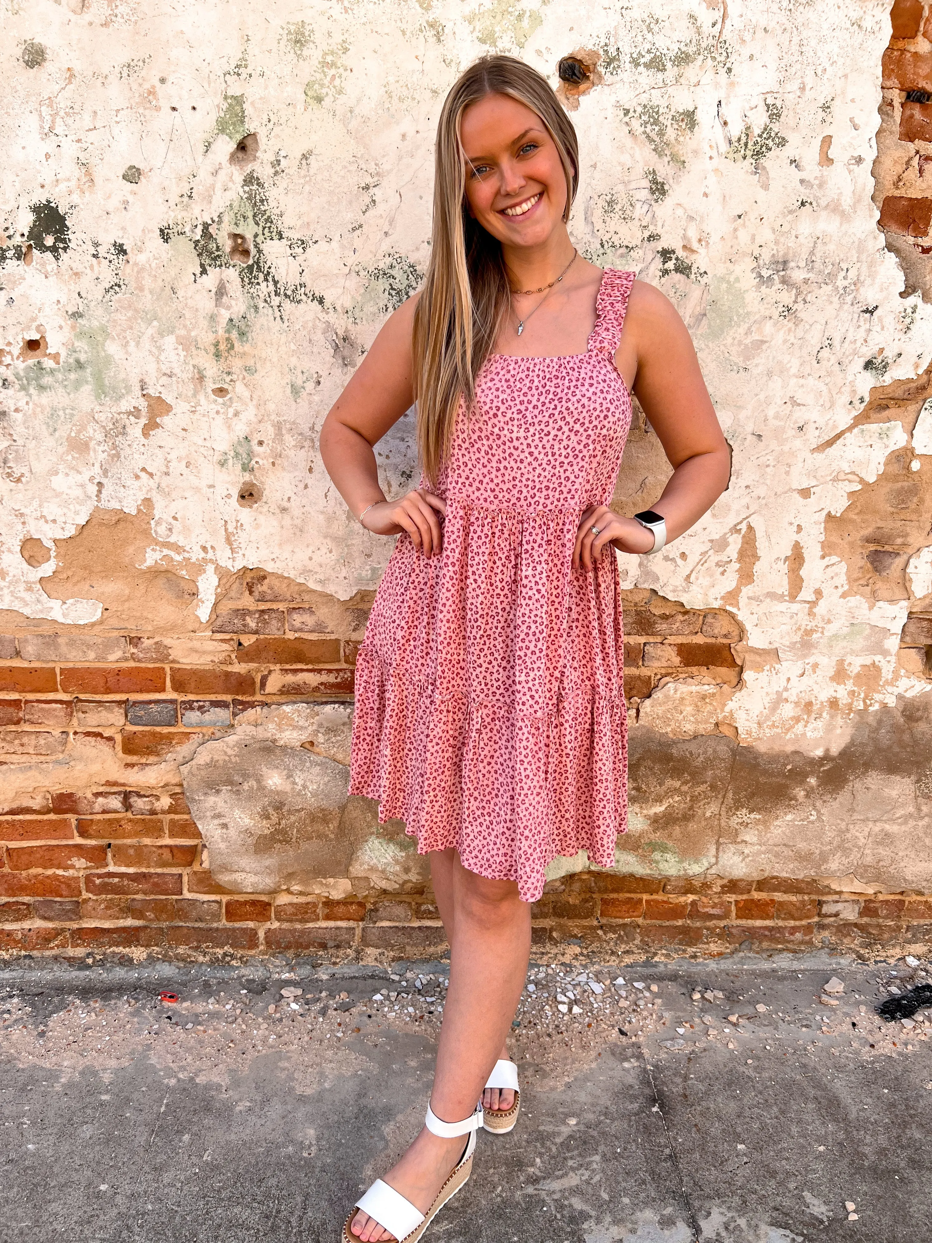 Adeline Pink Leopard Midi Dress