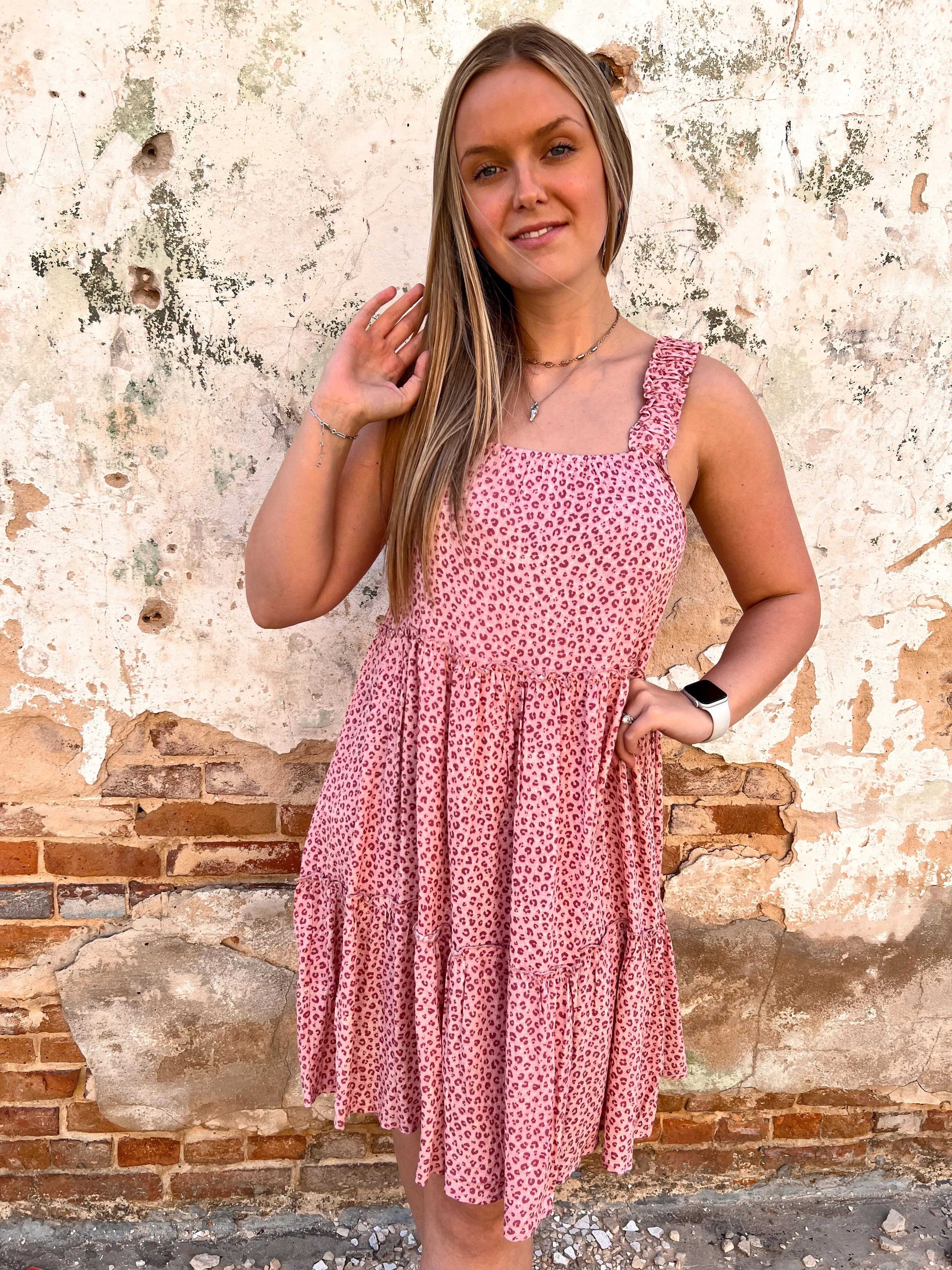 Adeline Pink Leopard Midi Dress