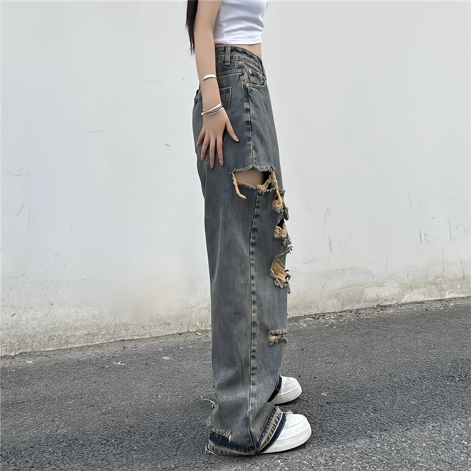 Alternative 'Broken Dreams' Grey Grunge Ripped Baggy Pants