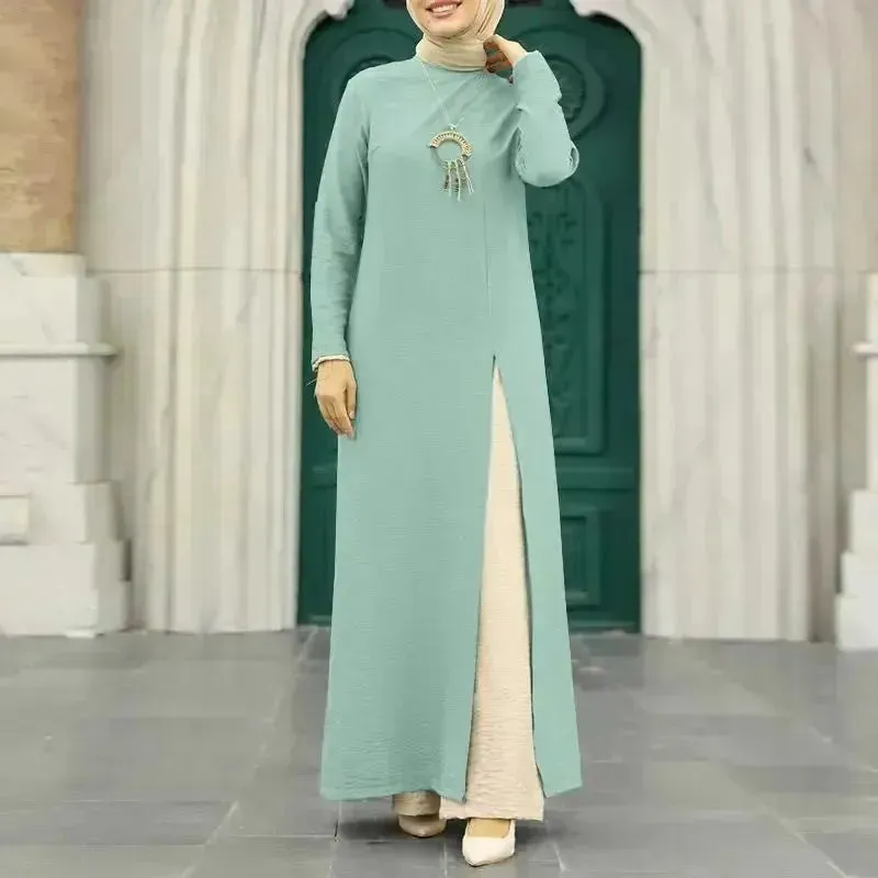 ArabWomen Plain Split Long sleeve Abaya Dress