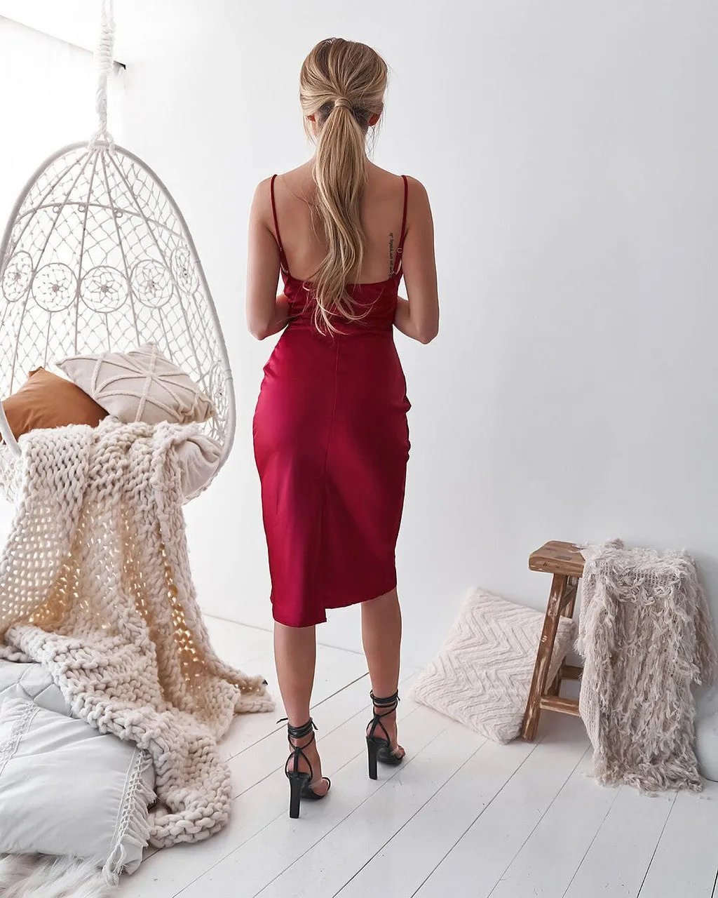 Aspen Midi Dress - Deep Red Satin