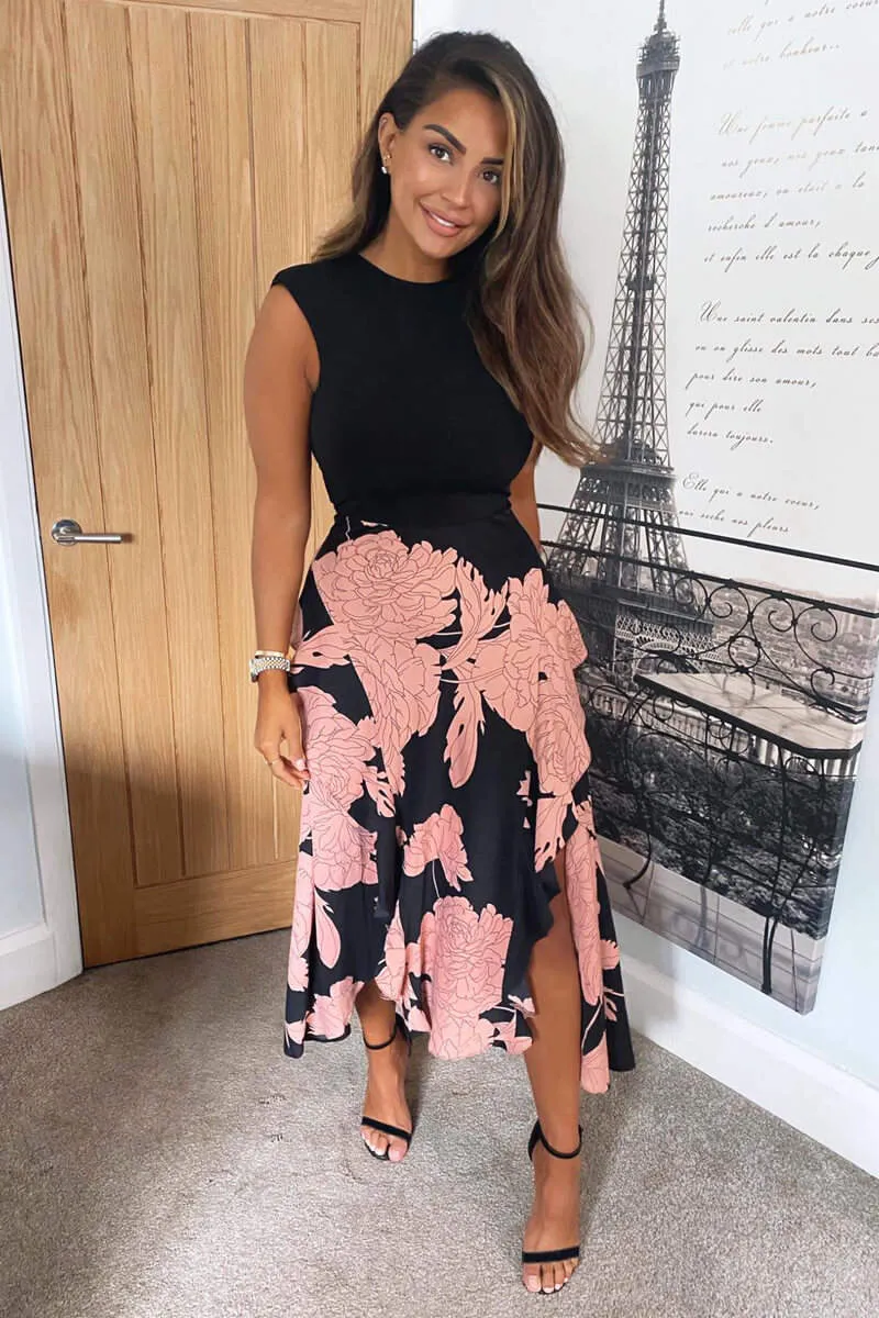 AX PARIS BLACK AND BLUSH FLORAL PRINT 2 IN 1 MIDI DRESS