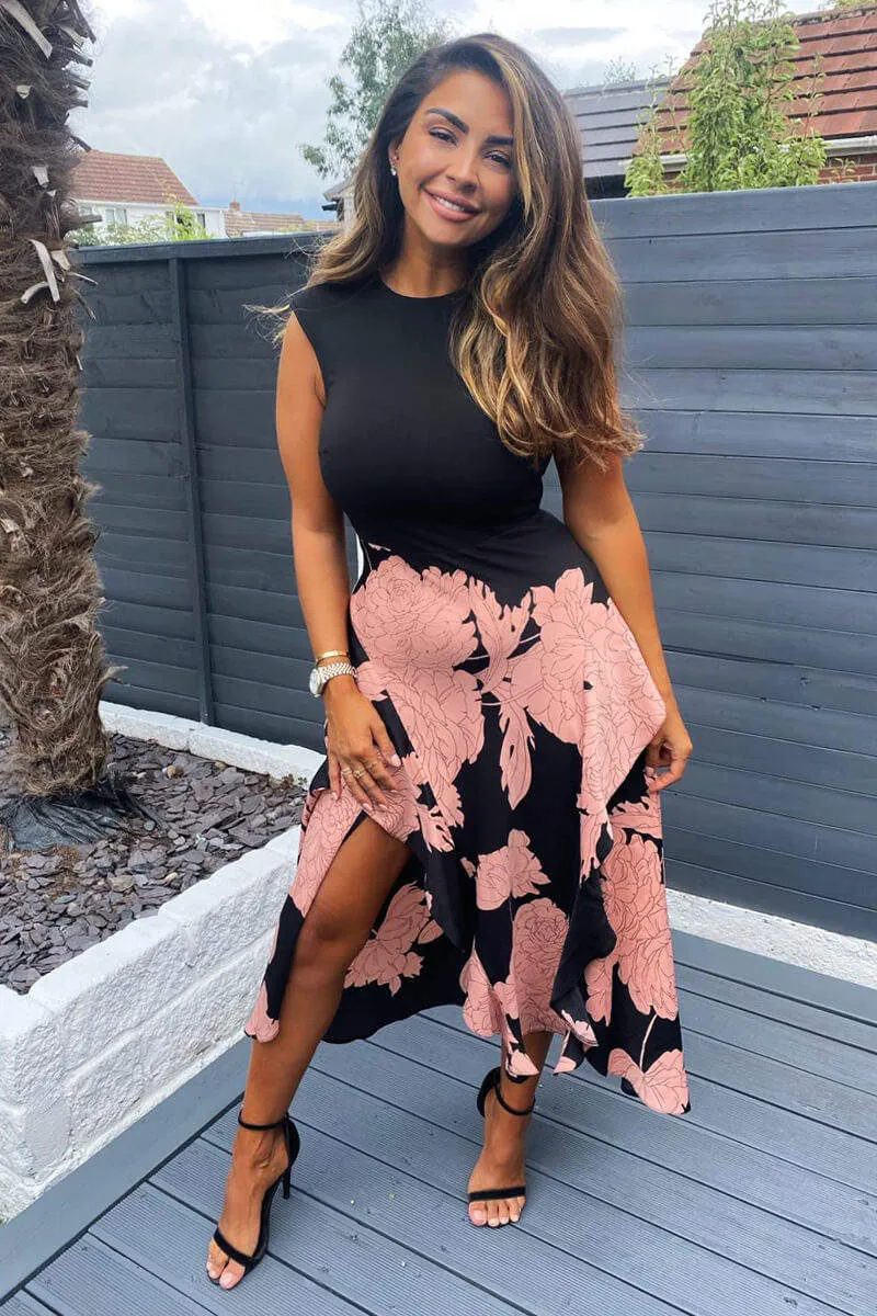 AX PARIS BLACK AND BLUSH FLORAL PRINT 2 IN 1 MIDI DRESS