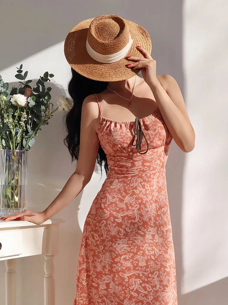 Beach Sling Suspender Floral V-neck Drawstring Bow Short Sexy Dress