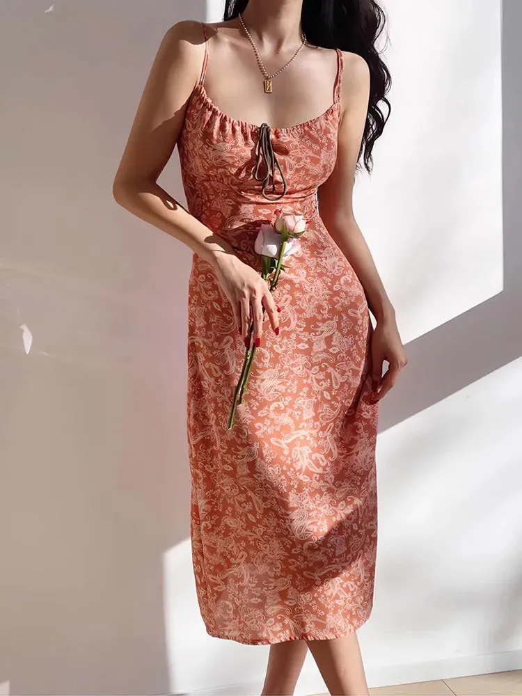 Beach Sling Suspender Floral V-neck Drawstring Bow Short Sexy Dress