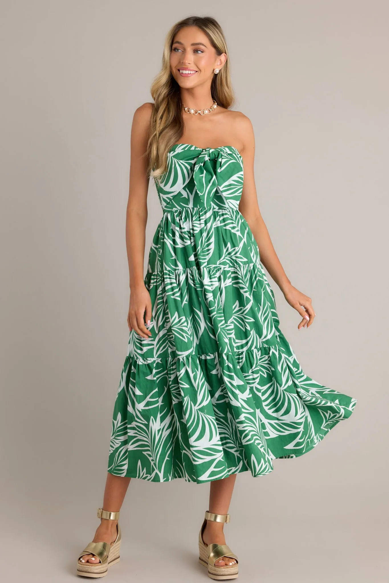 Beachfront Kelly Green 100% Cotton Strapless Midi Dress