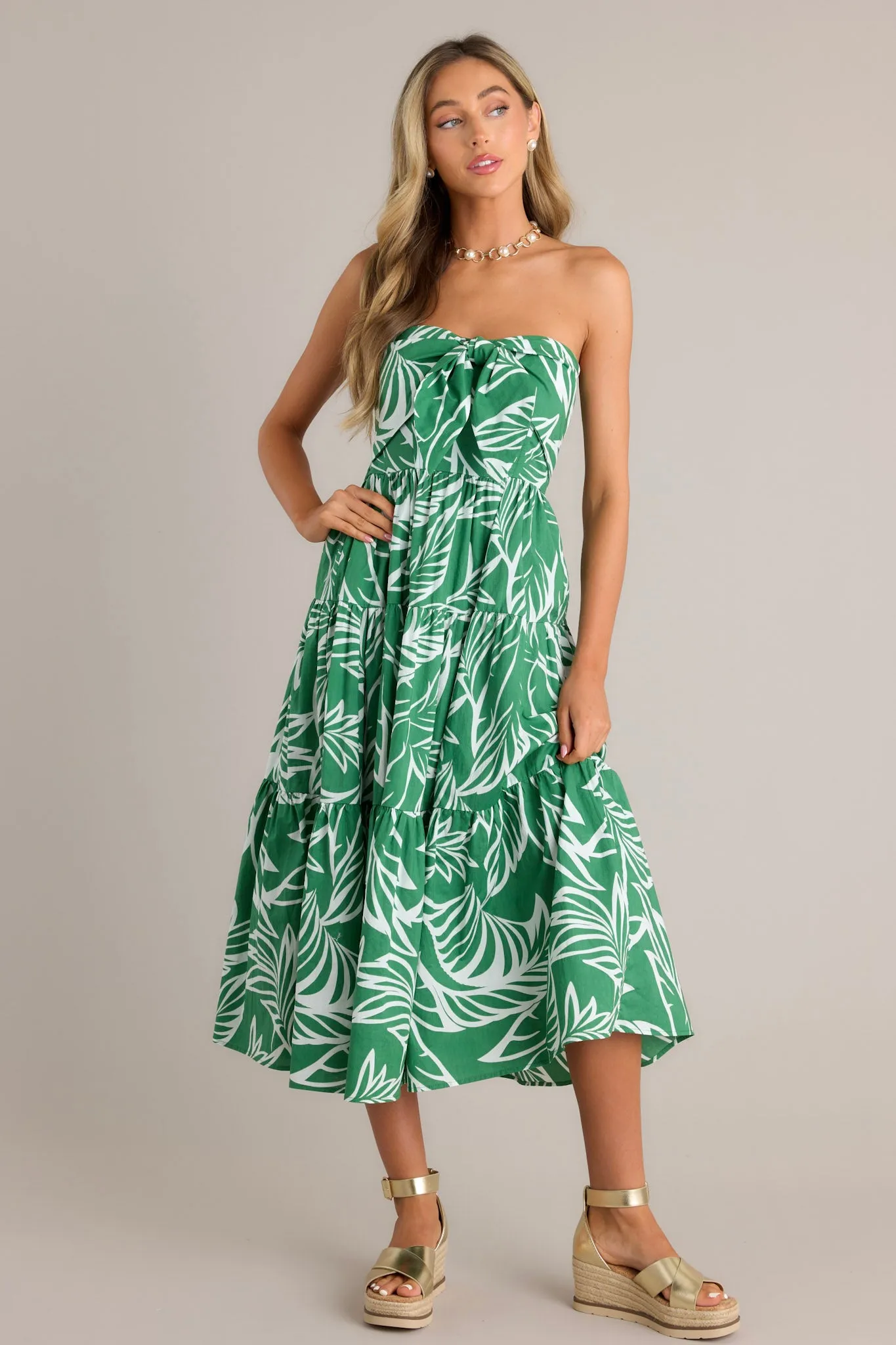 Beachfront Kelly Green 100% Cotton Strapless Midi Dress
