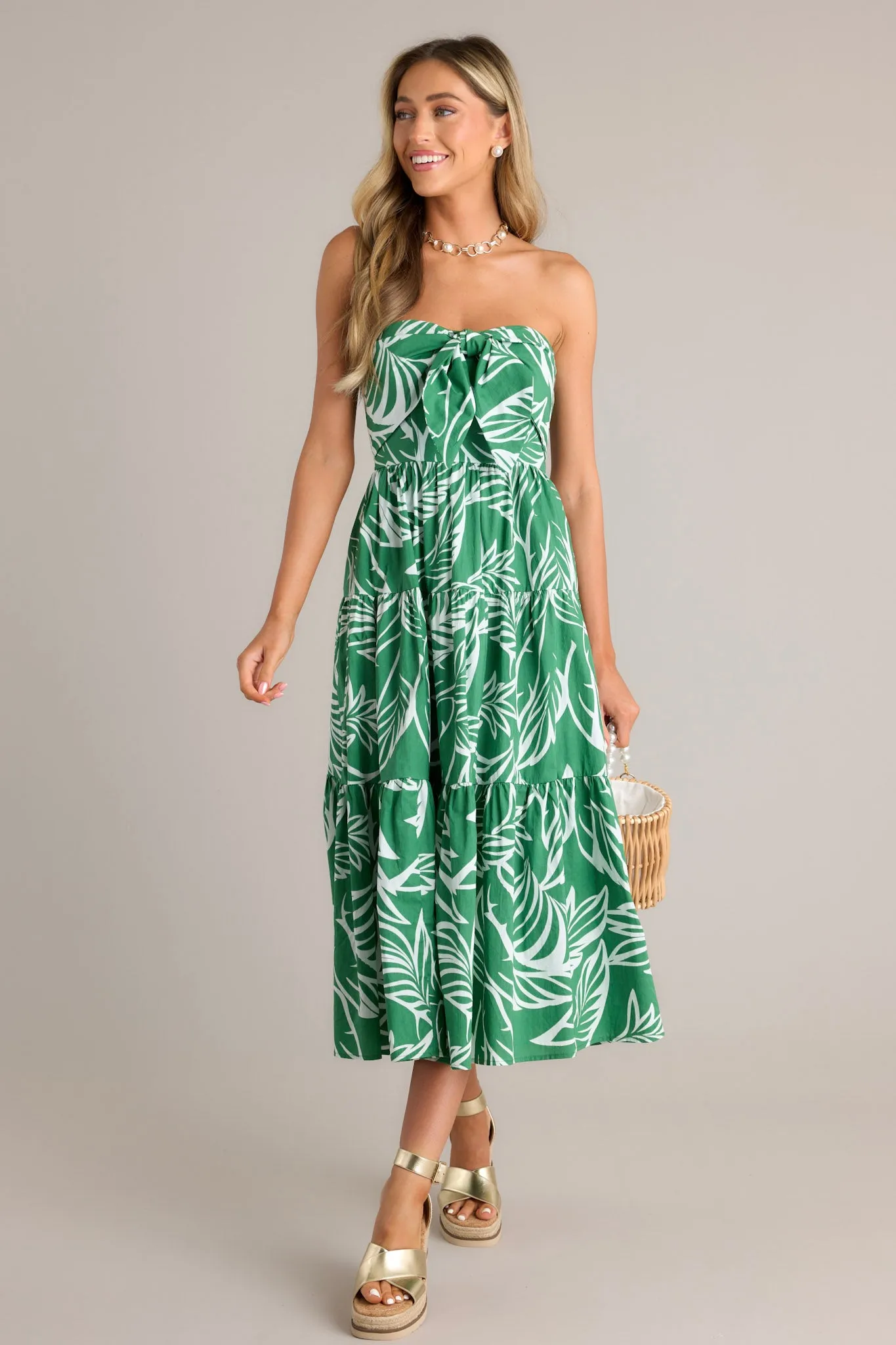Beachfront Kelly Green 100% Cotton Strapless Midi Dress