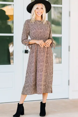 Believe In You Taupe Brown Leopard Midi Dress