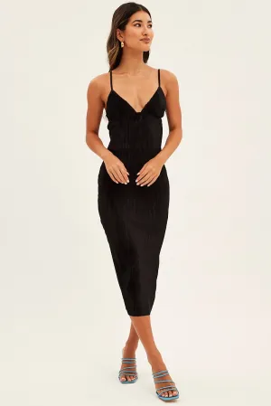 Black Slip Dress Midi Plisse Satin
