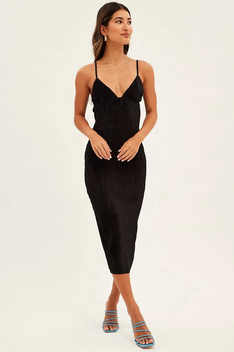 Black Slip Dress Midi Plisse Satin