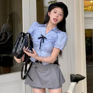 Blue Short Sleeve Striped Shirt Grey Skirt PL53436