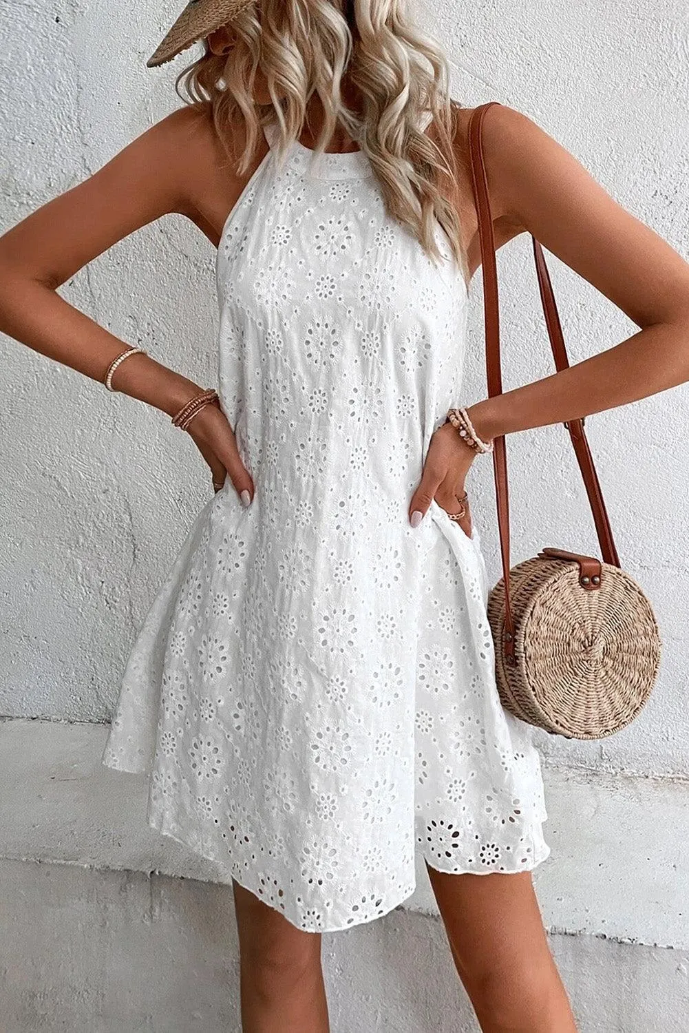 Boho Eyelet Pattern Halter Neck Sleeveless White Midi Dress