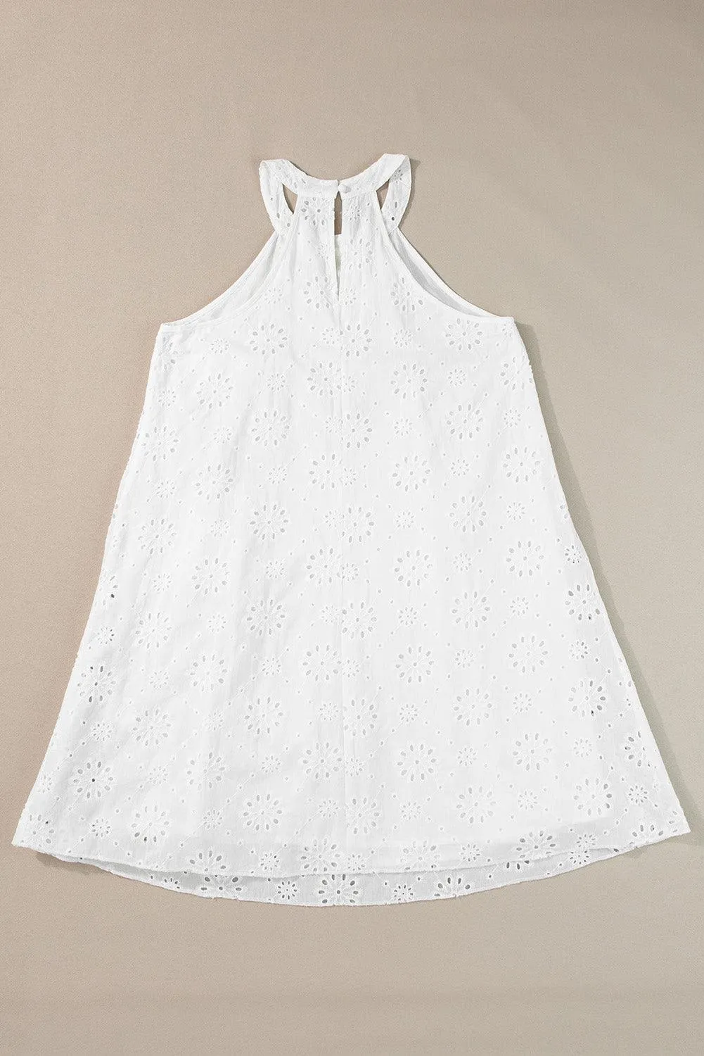 Boho Eyelet Pattern Halter Neck Sleeveless White Midi Dress