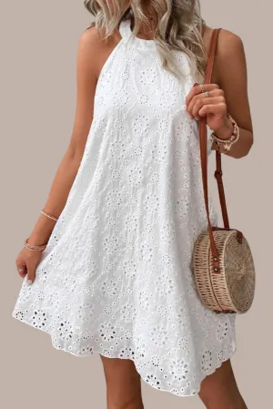 Boho Eyelet Pattern Halter Neck Sleeveless White Midi Dress