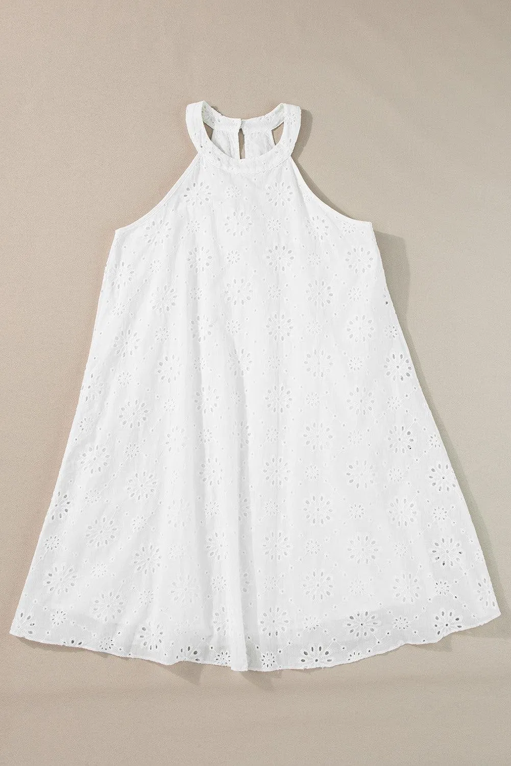 Boho Eyelet Pattern Halter Neck Sleeveless White Midi Dress
