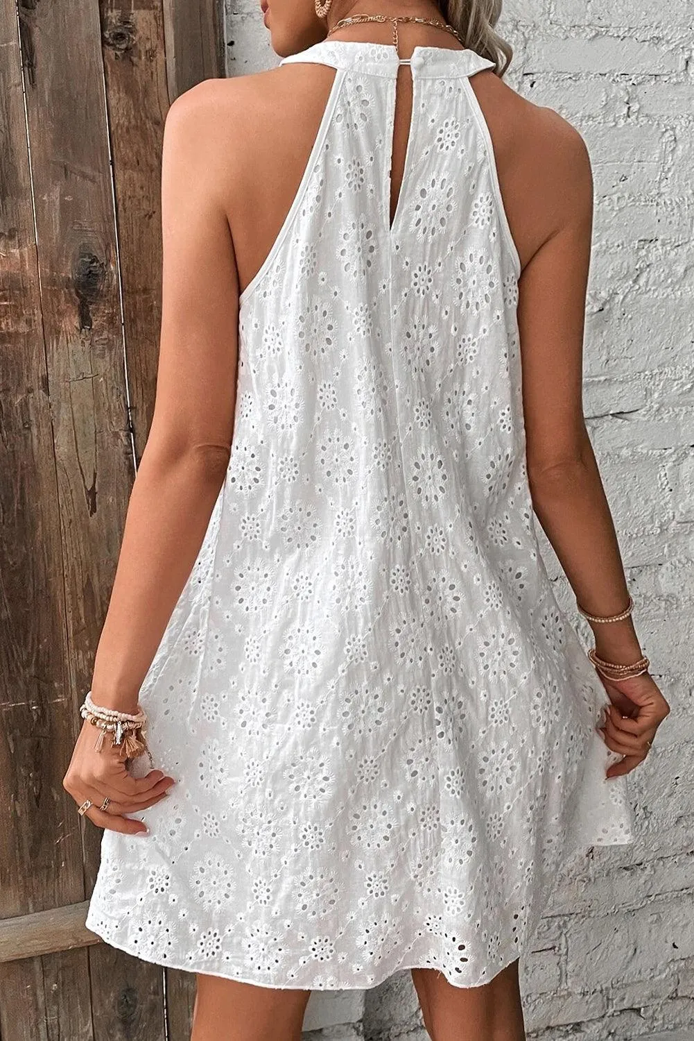 Boho Eyelet Pattern Halter Neck Sleeveless White Midi Dress