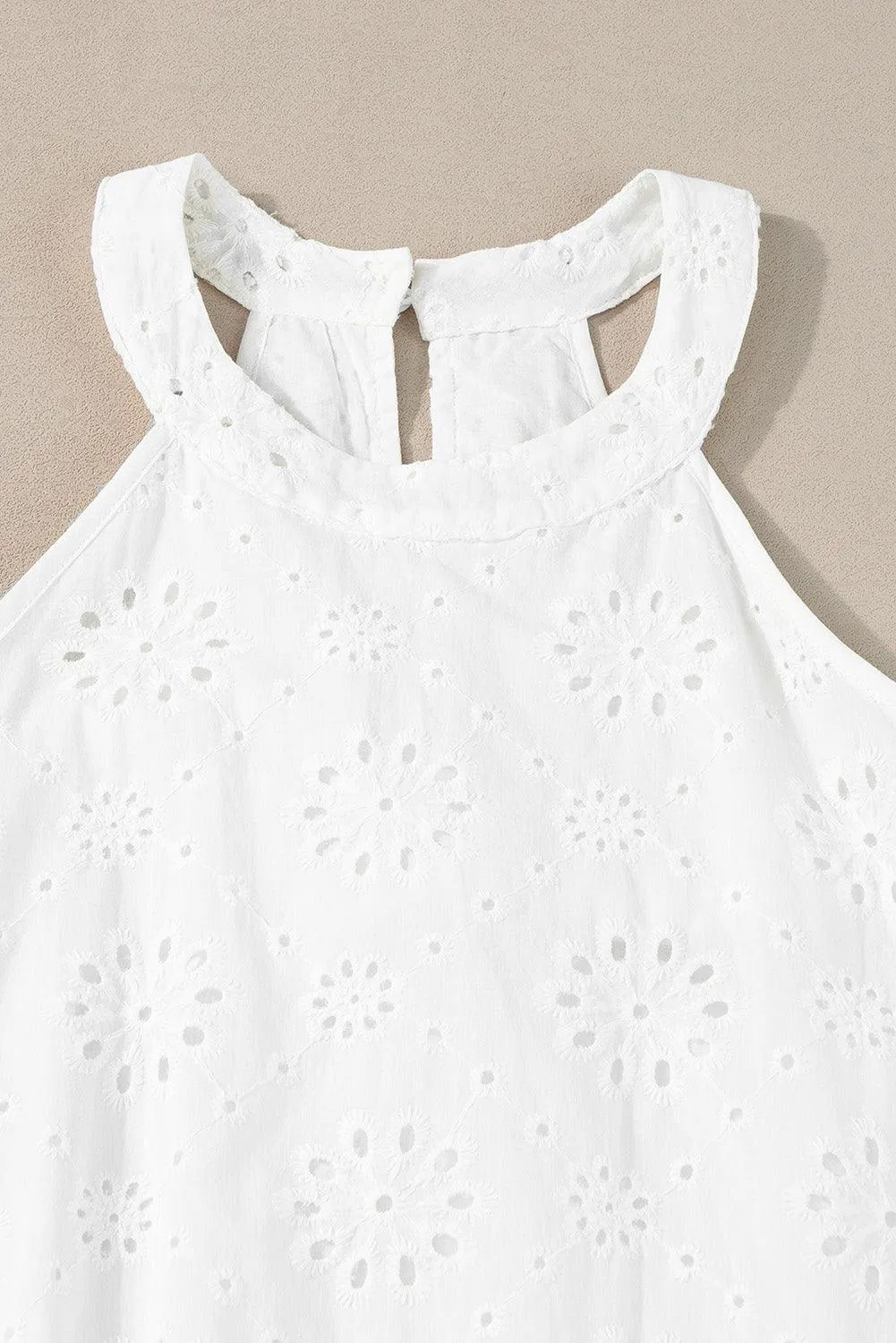 Boho Eyelet Pattern Halter Neck Sleeveless White Midi Dress