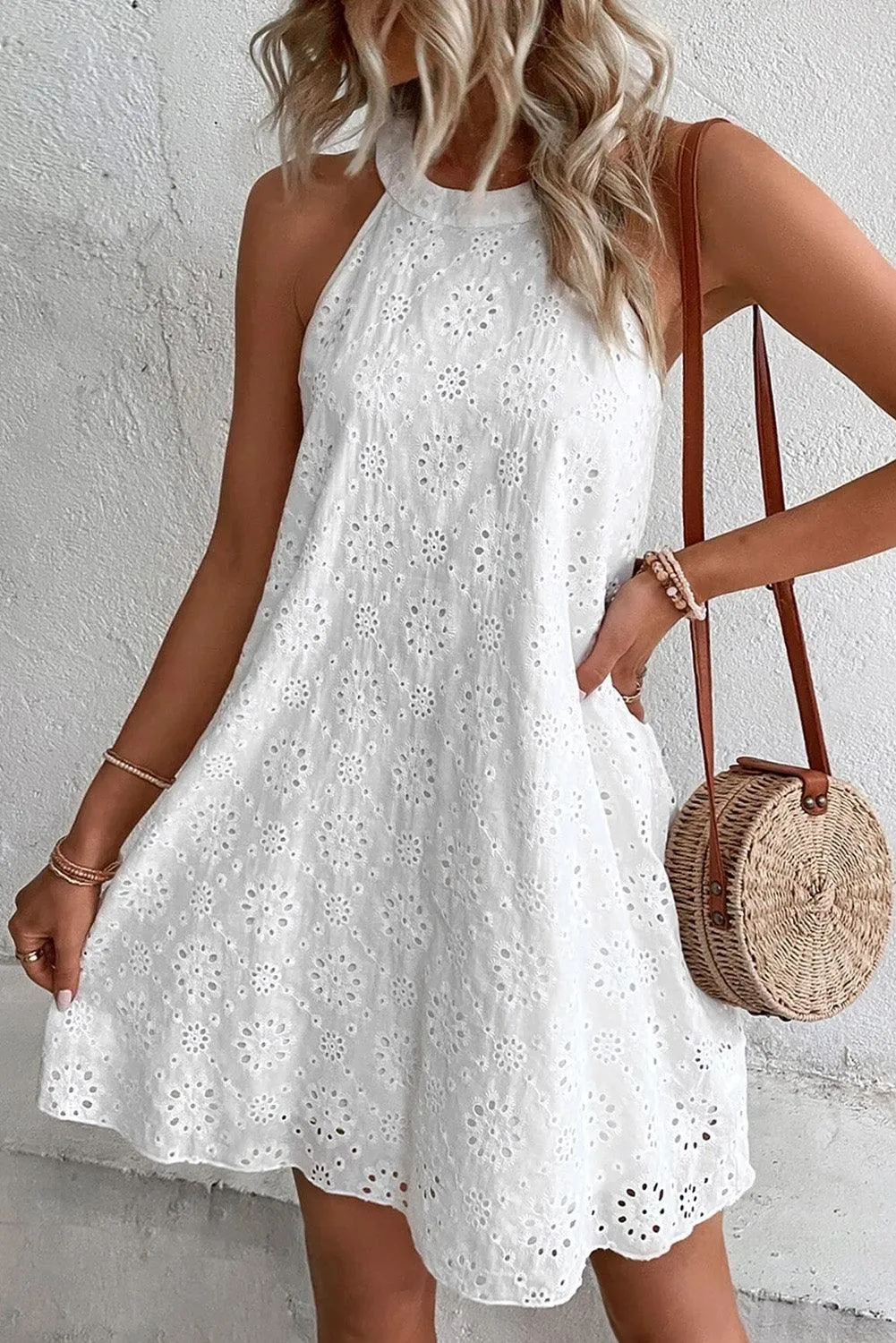 Boho Eyelet Pattern Halter Neck Sleeveless White Midi Dress