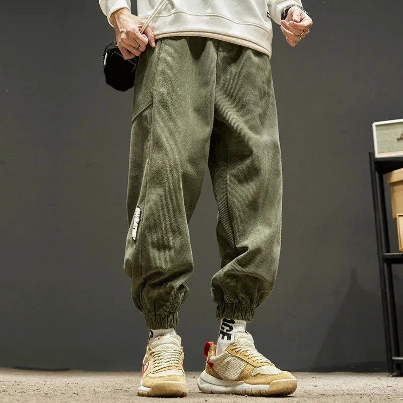 Bonsir Men's Spring Autumn Fashion Japanese Streetwear Trousers Casual Solid Loose Corduroy Cargo Hip Hop Oversized 5XL Harem Pants