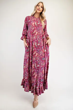 Celeste Full Size Ruffle Hem Paisley Round Neck Dress