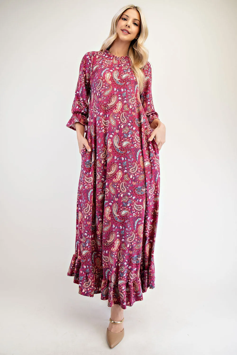 Celeste Full Size Ruffle Hem Paisley Round Neck Dress